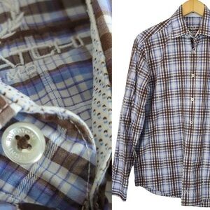 Bugatchi Uomo Mens M Brown Blue Plaid Long Sleeve Button up Shirt
